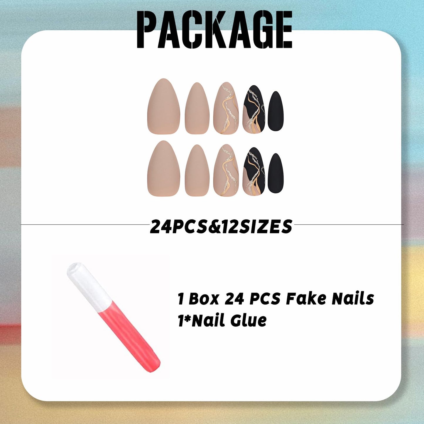 IMSOHOT Almond Press on Nails Medium French Tips Fake Nails Matte Coffee Brown Acrylic False Nails with Gold Foil Designs Full Cover Fall Black Stiletto Nails Glue on Nails for Women 24Pcs