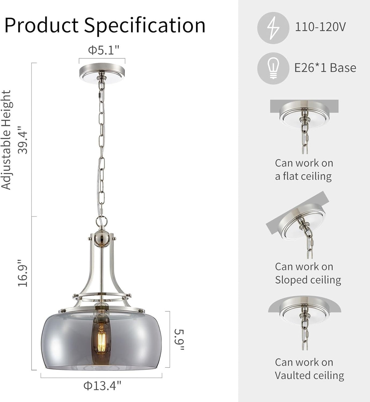 WUZUPS Nickel Chandelier Rustic Farmhouse Industrial Round Ceiling Pendant LED Light Fixture with Electroplated Gray Glass Shade for Dining Room Kitchen Island Foyer Entryway, H 17" W 13.4", E26 Base