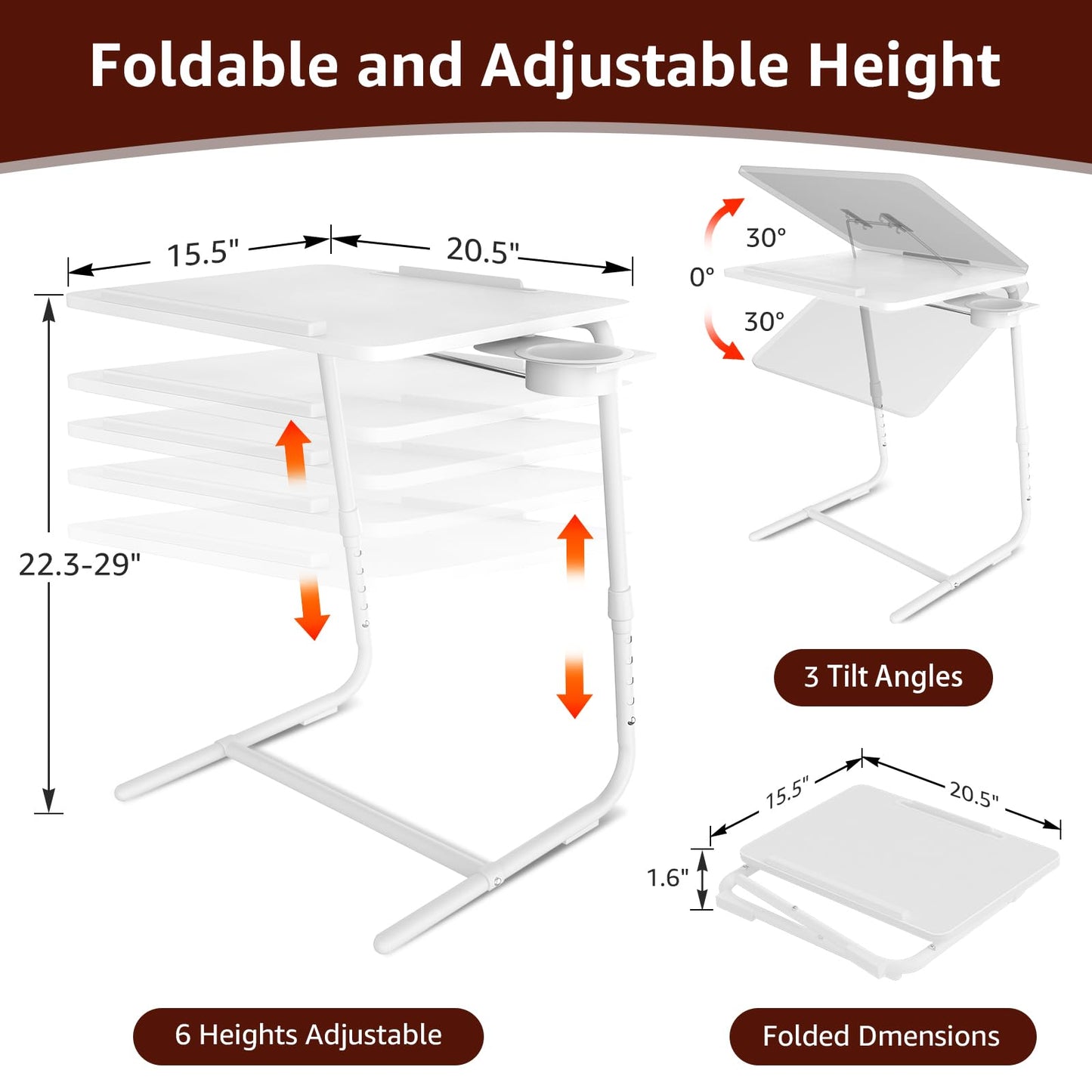 TV Trays Set of 2 - Folding TV Tray Adjustable Dinner Trays for Eating On Couch Wooden Tables Mate Stand Foldable White Desk with Cup Holder Portable