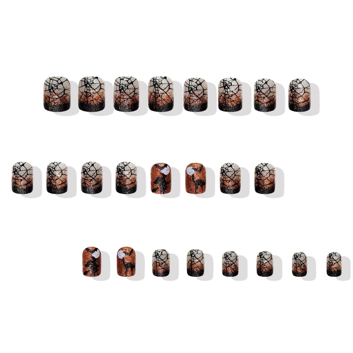Halloween Press on Nails Short Square Fake Nails Spider Web Bat Cat Witch Designs Stick on Nails French Tip False Nails Orange Glitter Nail Artificial Acrylic Glue on Nail for Women Manicure 24Pcs