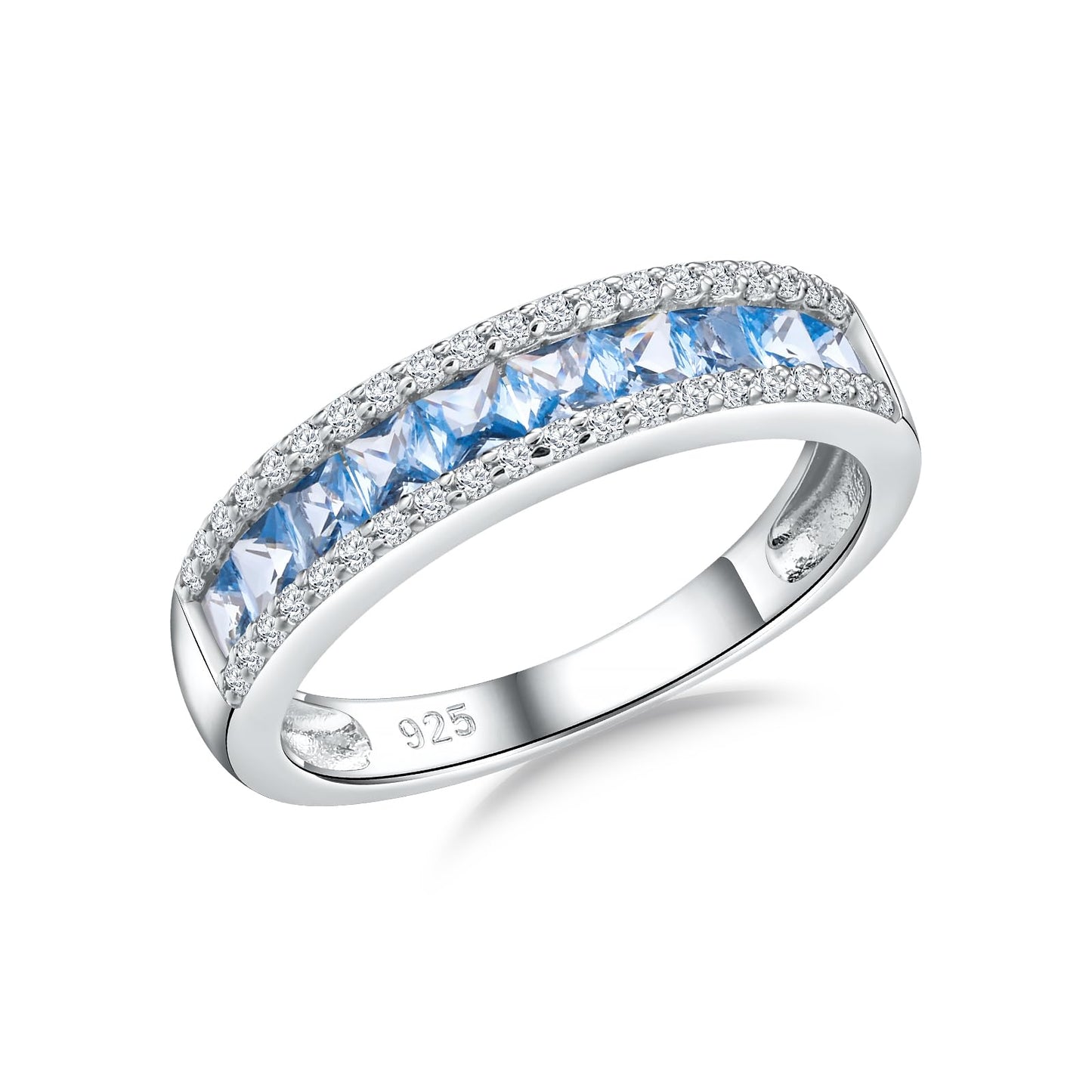RANDES Blue Topaz Ring 925 Sterling Silver Half Eternity Band Rings for Women Channel Set December Birthstone Ring Size 7