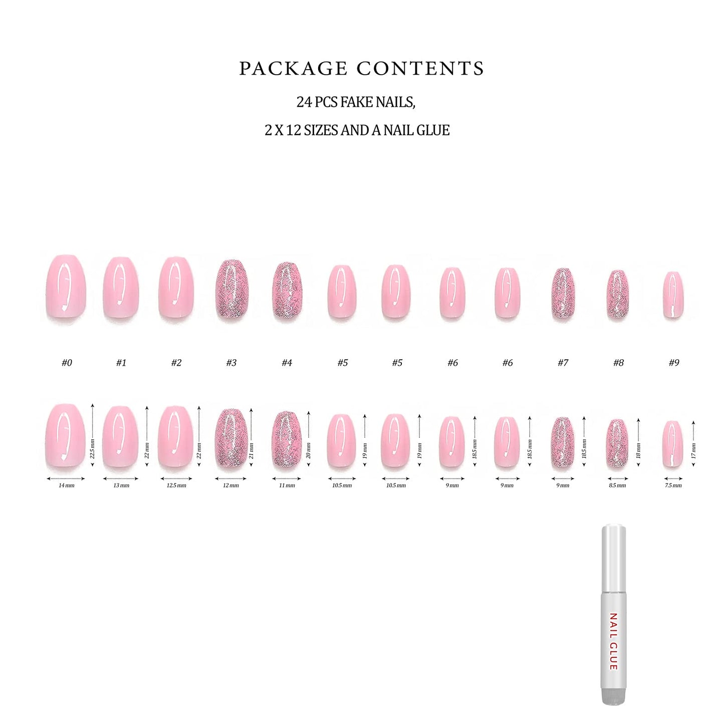 Hypnaughty 24 Pcs Pink Ballerina Press On Nails with Glue Medium Short Length Fake Nails with Glitter Design Glossy Acrylic Press On Nails Full Cover (Pink)