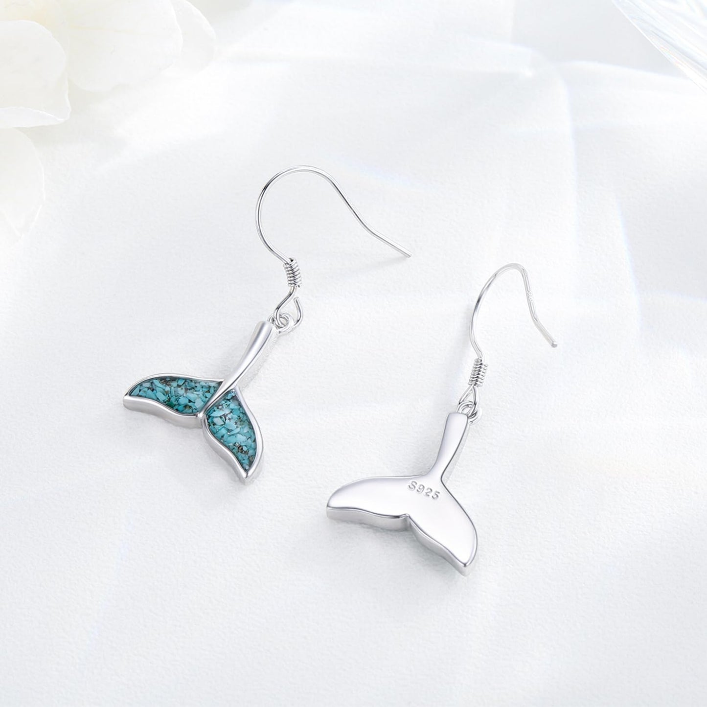 Mermaid Tail Earrings for Women 925 Sterling Silver Turquoise Whale Tail Dangle Drop Earrings Beach Themed Ocean Jewelry Gifts for Friends