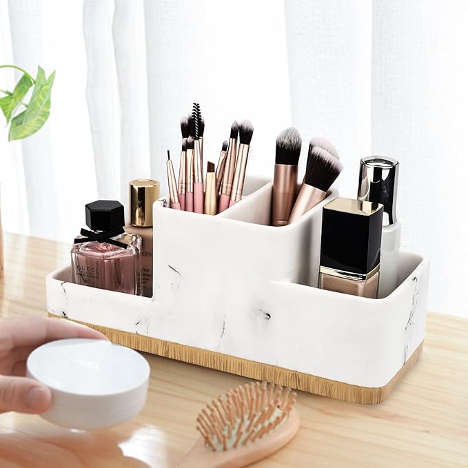 Toothbrush Holder for Bathrooms, Bathroom Organizer Countertop, Rectangle 5 Compartment Bathroom Accessories Storage for Toothpaste/Shaver and Other Items,White Resin of Marble Color (White)