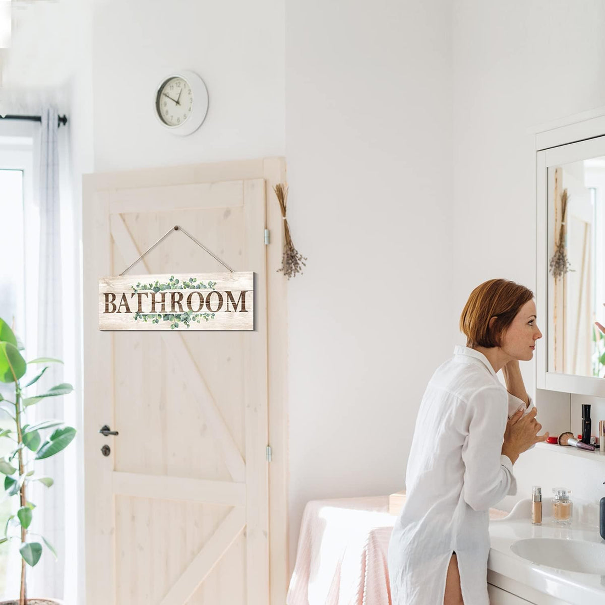 Bathroom Sign Wall Decor, Bathroom Wall Art with Plant Print, Rustic Farmhouse Wall Hanging Plaque Home Kitchen Decorative Bathroom, 4.7 x 13.7 inches