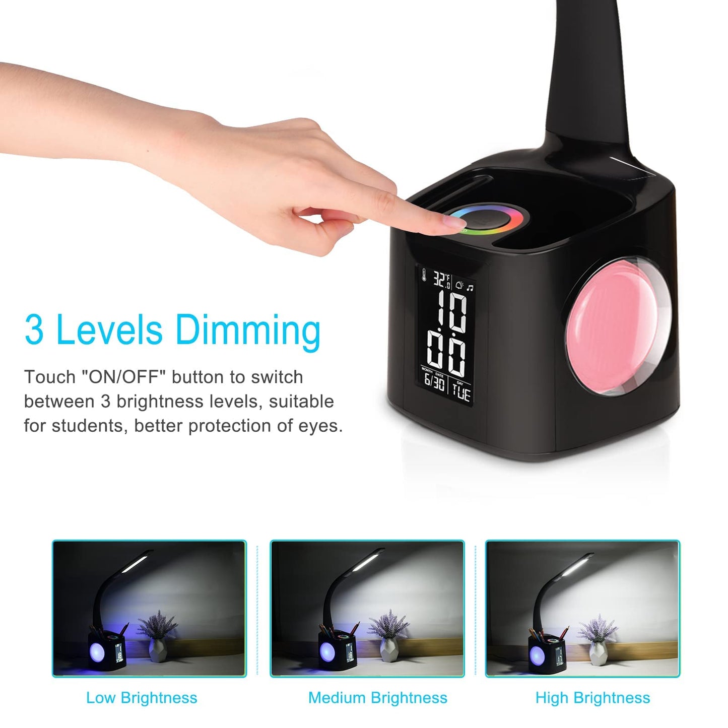 wanjiaone LED Desk Lamp with Clock,Color Changing Nightlight,Study Lamp with Pen Holder,Desk Light with USB Charger,Table Light for Home,Office,Gift for Kids,Students,Women,Black