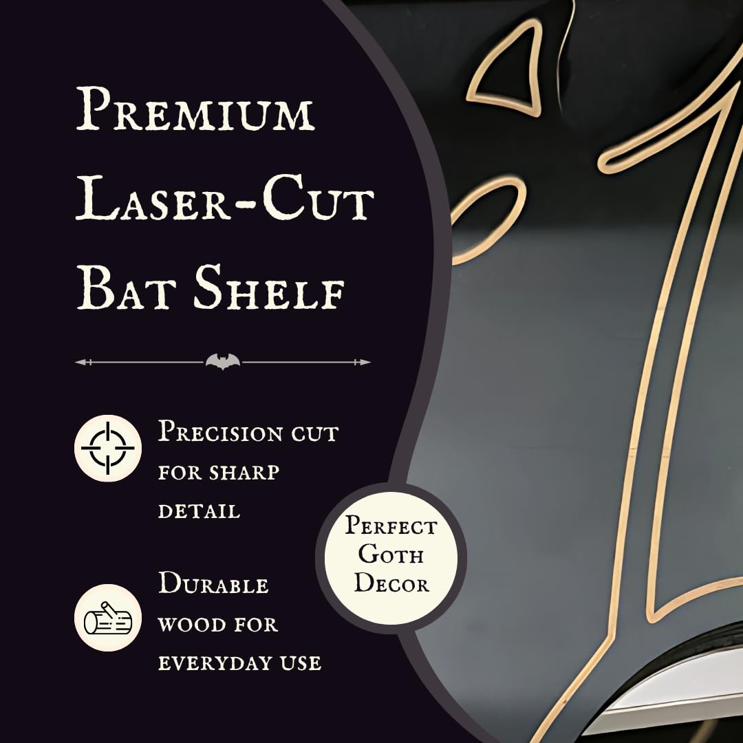 Gothic Bat Shelf Wall Decor with Hooks - Valentines Spooky Goth Themed Gifts for Adults Women with Bat Stickers - Black Floating Shelf for Bedroom Living Room - Unique Vampire Room Lovers Accessories