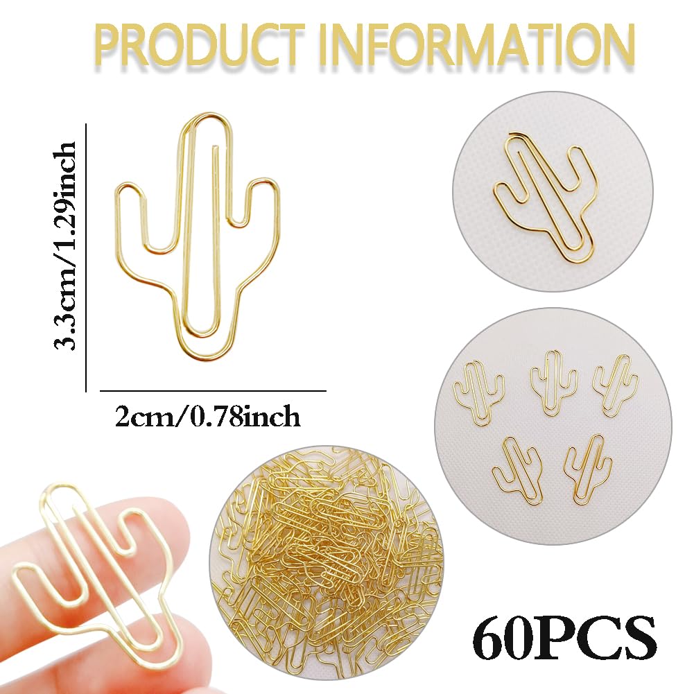 Hdtyyln 60Pcs Paper Clips, Funny Cute Cactus Shaped Paperclips Bookmarks, Decorative Small Gold Paper Clip, Metal Planner Clips for Paperwork Office School and Home Document Organization Supplies