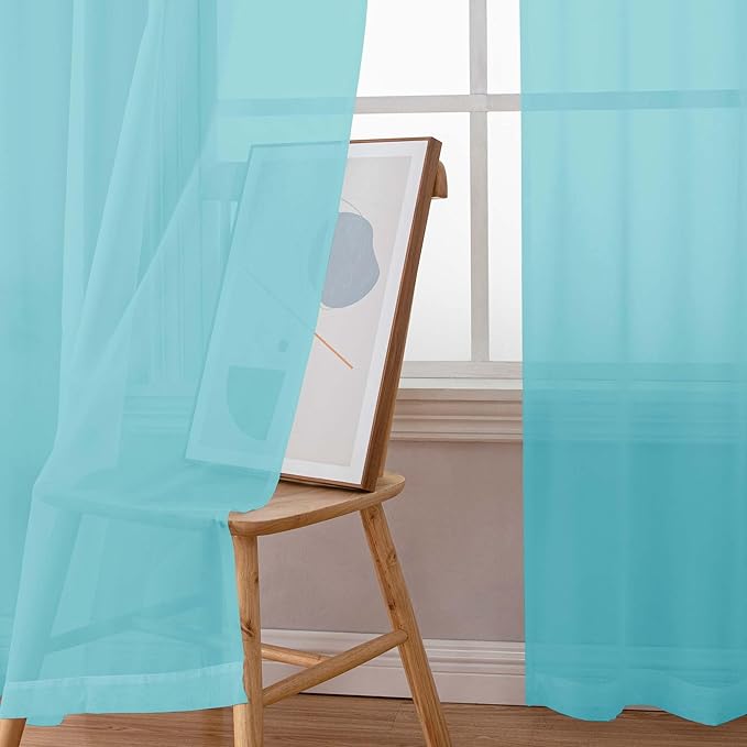Simplebrand Aqua Sheer Curtains 96 Inches Long, Light Filtering Rod Pocket Solid Color Window Sheer Curtain Panels, Elegant Curtains & Drapes for Living Room, Bedroom 2 Panels (Aqua, 42" W x 96" L)