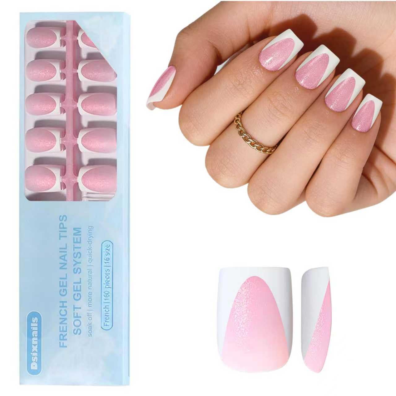 Dsixnails Short Deep Pink Glitter Base Soft Gel Nail Tips, 160Pcs Square French Tip Press On Nails, Pre-Lasting Acrylic Fake Nails, Soak Off Full Cover Nails Extension for Women Girl 16Sizes