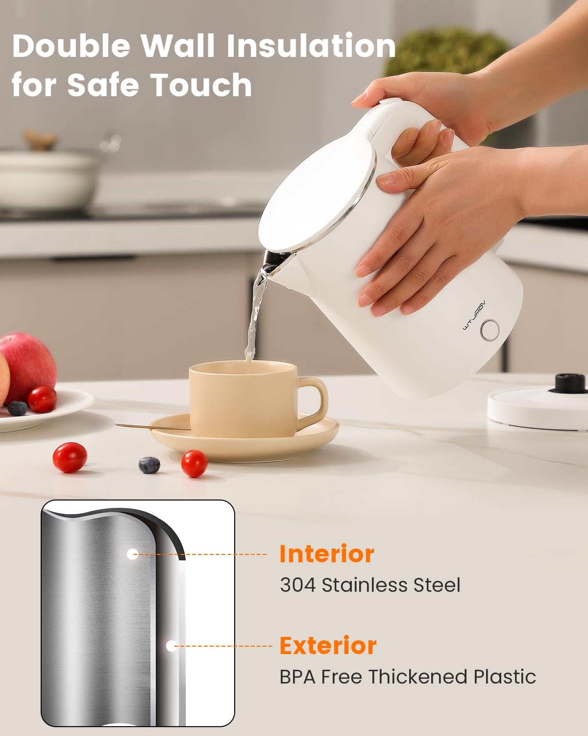 WTJMOV Electric Kettle Stainless Steel, 1.0L Small Water Boiler 1200W Fast Boiling, Double Wall Tea Kettle Pot Automatic Shut Off, Durable Coffee & Tea Maker/Warmer/Heater White