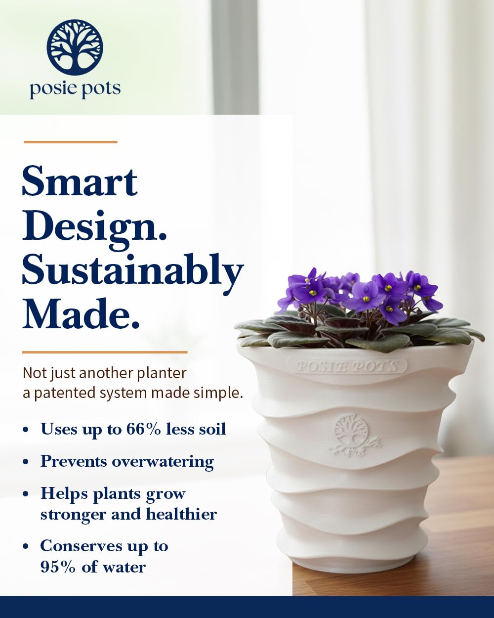 Posie Pot Medium Wave Self Watering Planter for Indoor Plants - 5x5 Inch Patented Pot with 10X Water Reservoir - Modern 3D Printed Desk Planter - Root Rot Free - Eco Friendly, Made in USA, White