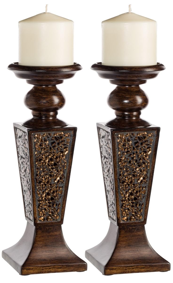 Creative Scents Schonwerk Brown Pillar Candle Holder Set of 2- Crackled Mosaic Design- Functional Table Decorations- Centerpieces for Dining/Living Room- Best Wedding Gift