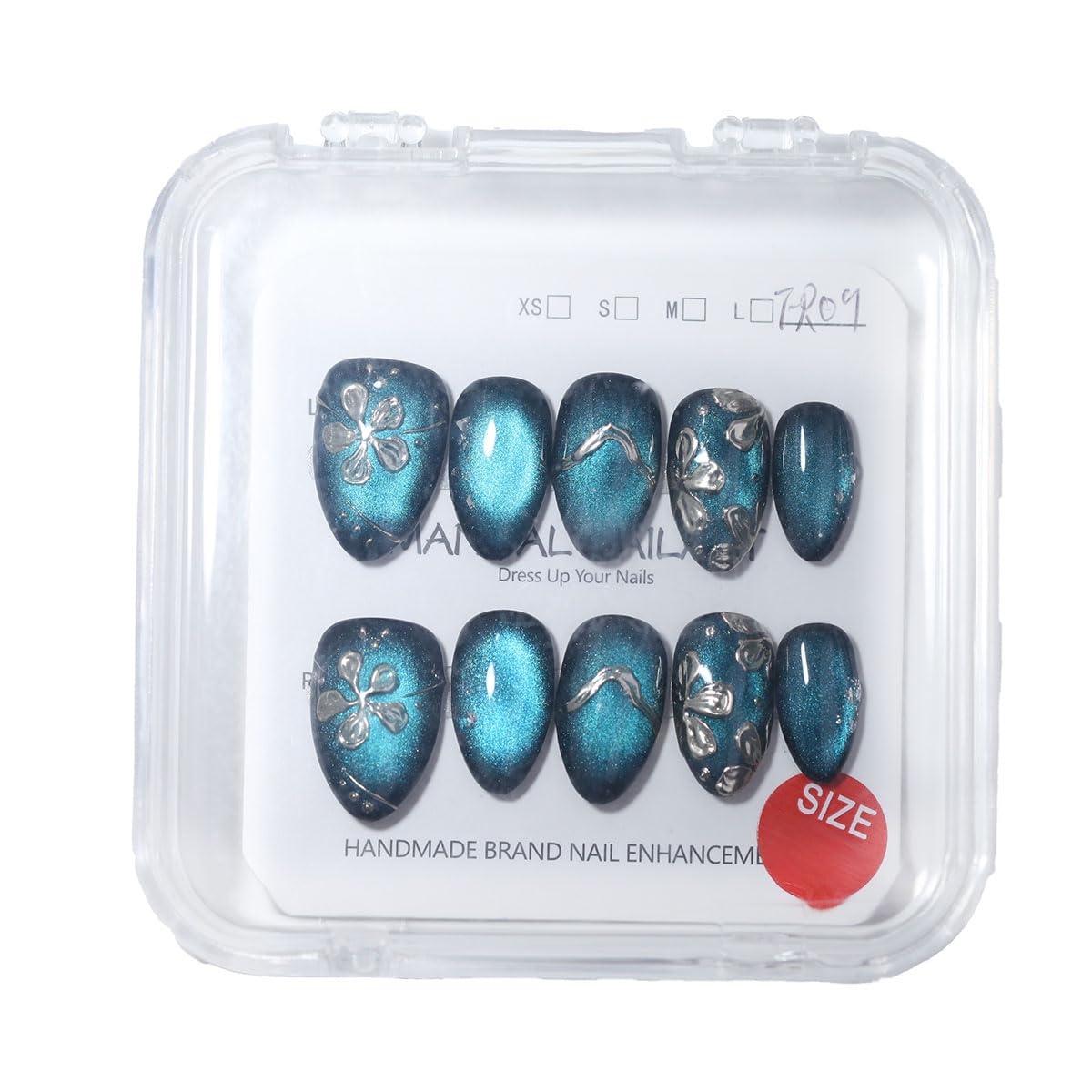 10 Pcs Short Almond Handmade Press On Nails | Teal Cat Eye with Silver Floral & Foil Accents | Reusable, Easy to Apply & Remove, Salon-Quality Manicure (RR17, S)