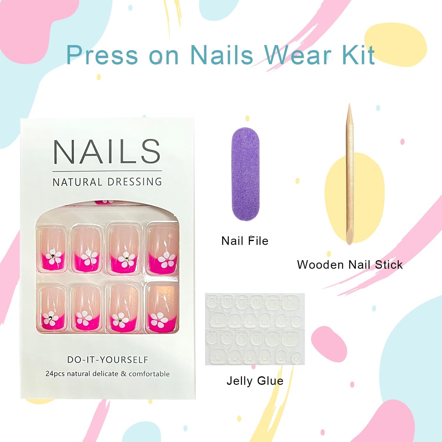 Pink French Tip Press on Nails Medium Square Fake Nails with Rhinestones Designs Flower False Nail Glossy Full Cover Acrylic Spring Floral Stick on Nail for Women 24Pcs