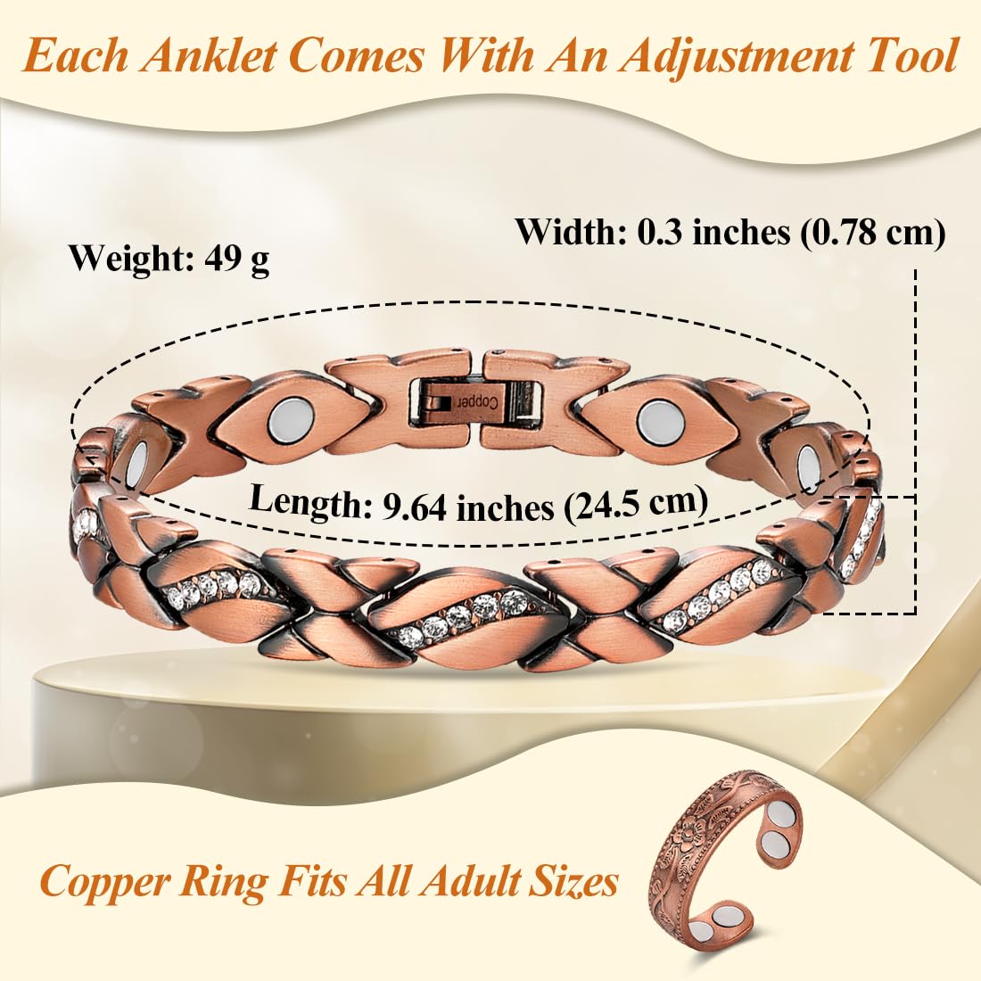 Vicmag Copper Anklet for Women Magnetic Ankle Bracelet with Ultra Strength Magnets 100% Solid Copper Gift for Her (Adjustable)