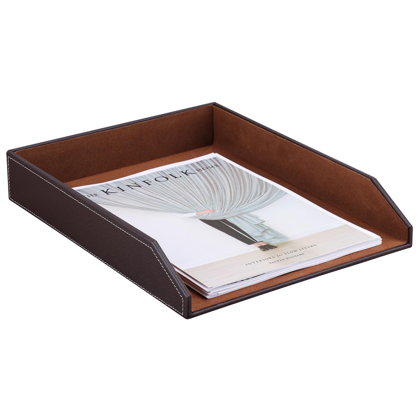 KINGFOM Letter Tray, PU Leather Paper Organizer Tray for Desk, Paper Organizer Storage Holder for Office Home or School A4 Size Brown