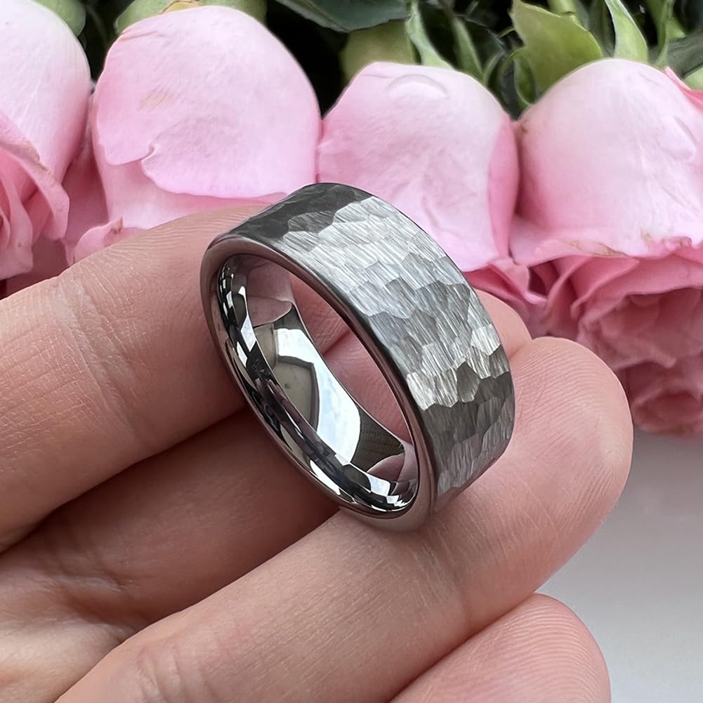 TUTISS 8mm Hammered Tungsten Rings for Men Women Fashion Engagement Wedding Bands Pipe Cut Matte Finish Comfort Fit Size 10