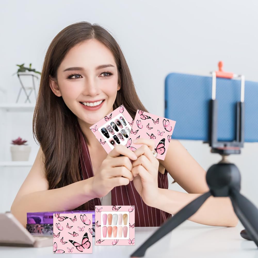 HLQHXWHZT 71 Pcs Include 35Pcs Empty Press on Nails Packaging Box 35 Pcs White Background Papers and 1 Double Sided Tape, Empty Nail Package Box Set for Press on Nail Business(Pink)…
