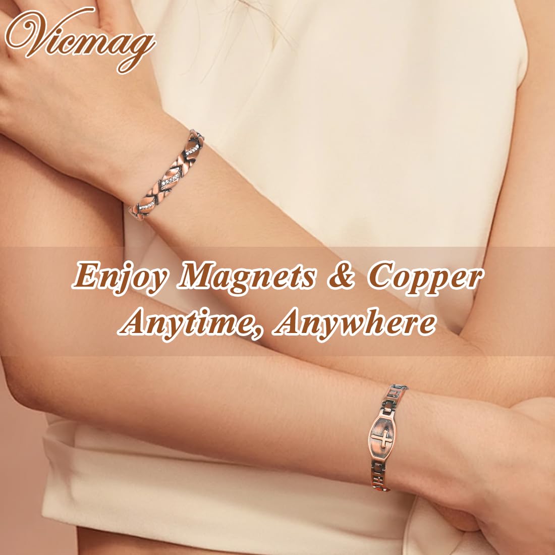 Vicmag 2PCS Copper Magnetic Bracelets for Women 100% Solid Pure Copper Bracelets with Gift Box & Adjust Tool