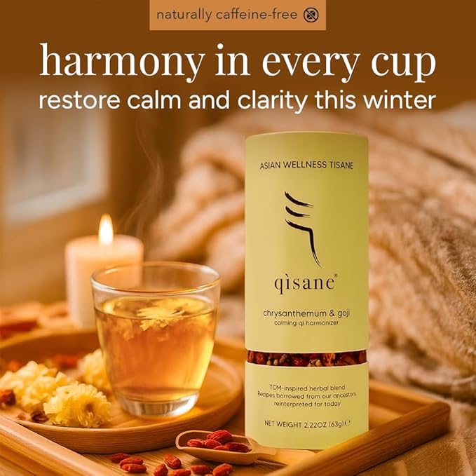 qìsane Chrysanthemum Tea Bags with Organic Dried Goji Berries - Dried Chrysanthemum Flowers, Dried Longan Fruit & Jujube Dates - Herbal Tea to Support Calmness & Well-Being - 10 sachets (~30 cups)