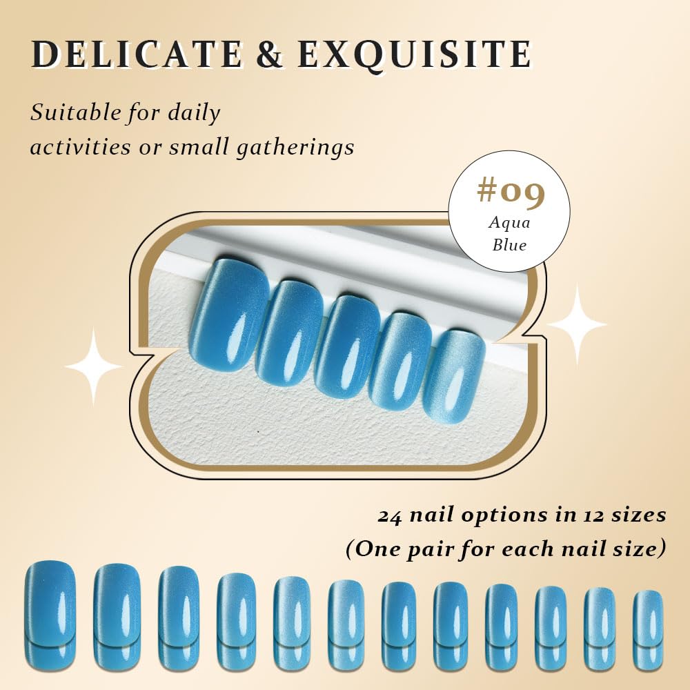 Aqua Blue Cat Eye Press on Nails Medium Square, Medium Square Press Stick on Nails Chrome for Women Gift, Aqua Blue Holographic Glitter Glossy Reusable Gel Acrylic Fake Nail with Designs Cateye Effect
