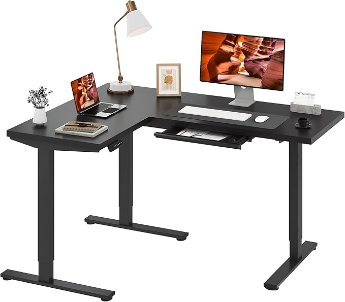 L-Shaped Standing Desk, 63 x 47 Inches Height Adjustable Desk with Storage, Sit and Stand up for Work Office Home, Ergonomic Rising Computer Table for Home Office with Splice Board, Black