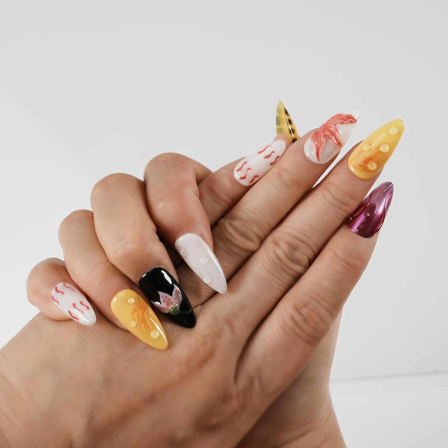 Tesytto Handmade Press on Nails with 3D Flower & Water Droplets - Luxury Multicolor Almond Fake Nails - Reusable Salon Quality Stick on Nails for Women (Bold Bloom & Dot Glam, M)