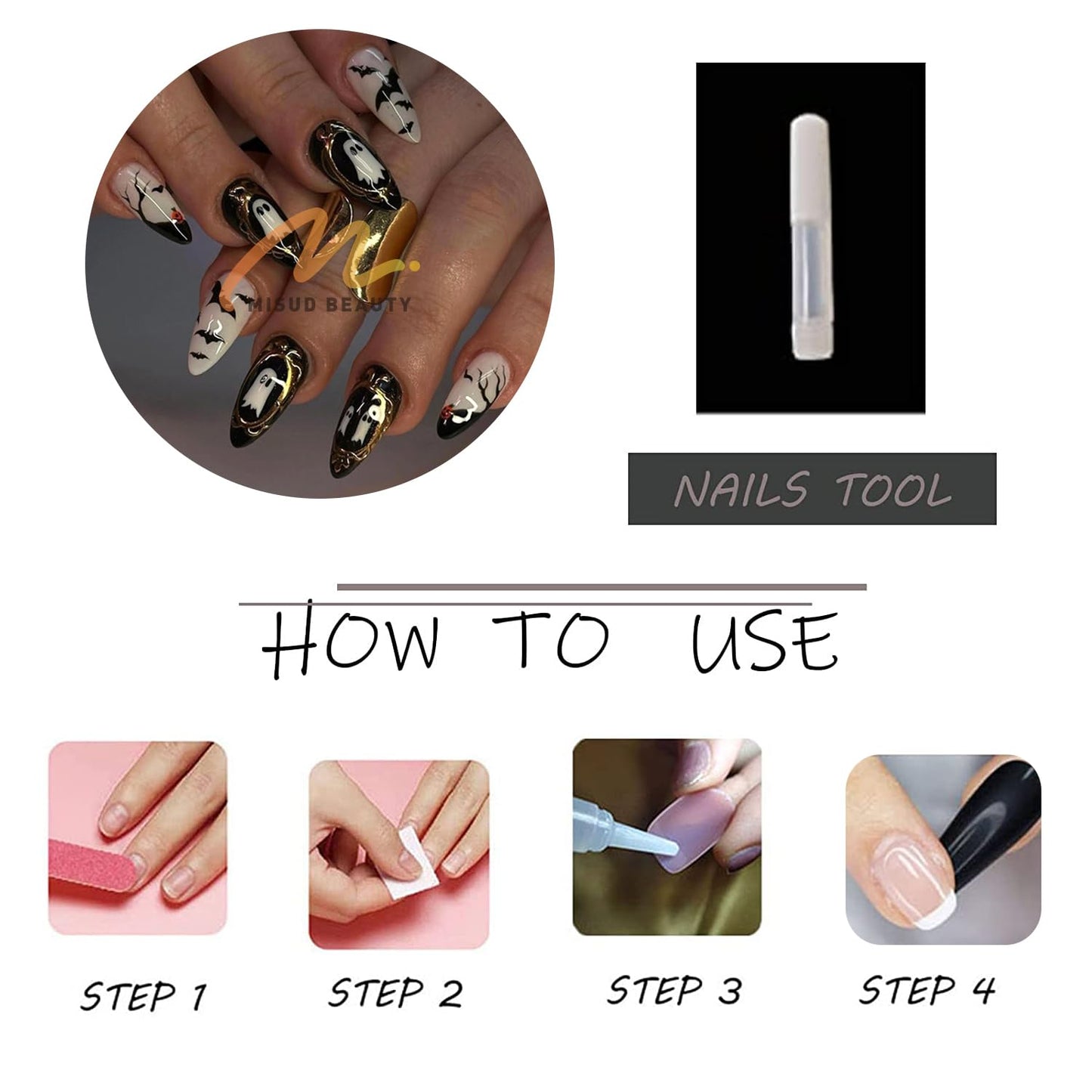 MISUD Press on Nails - Medium Almond Glue on Nails with Goth Bat, Acrylic Gothic Ghost Design 24 pcs