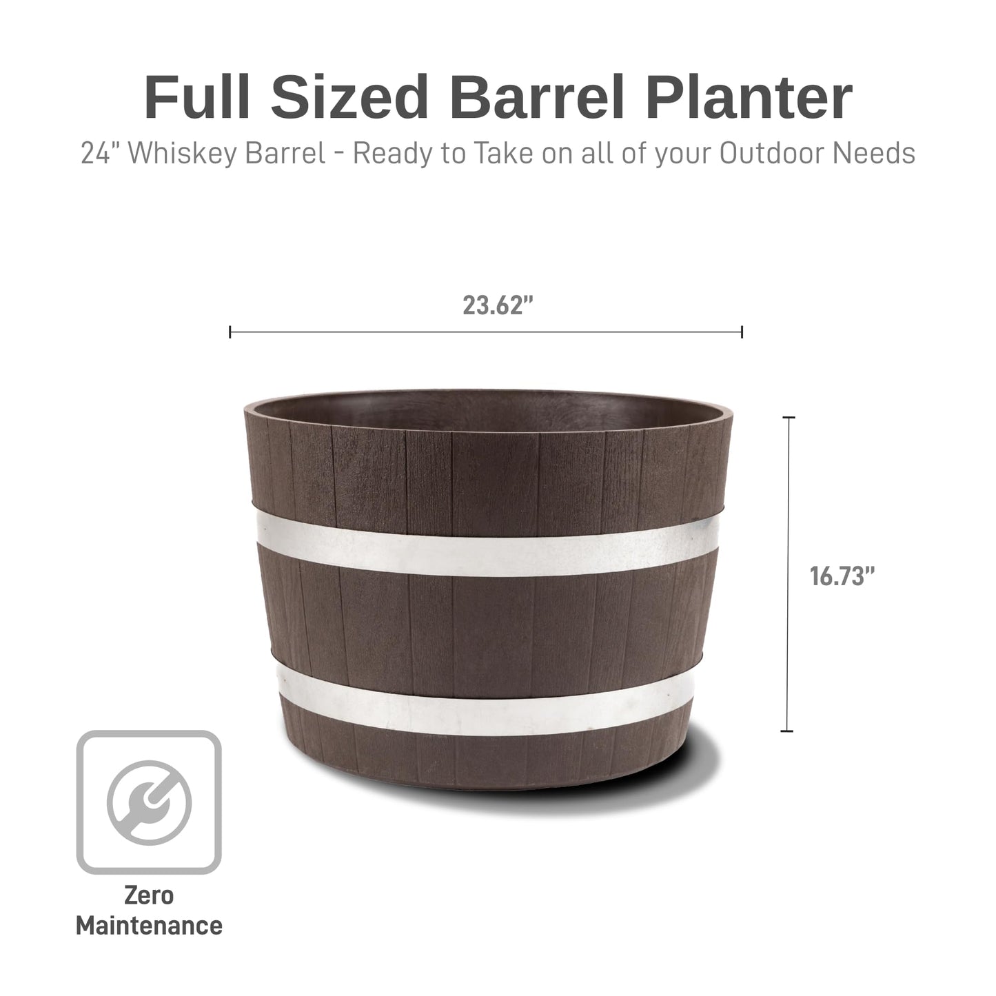 RTS Home Accents Better Barrel Heavy Duty 24” Planter with Rusting Steel Bands, Walnut Color