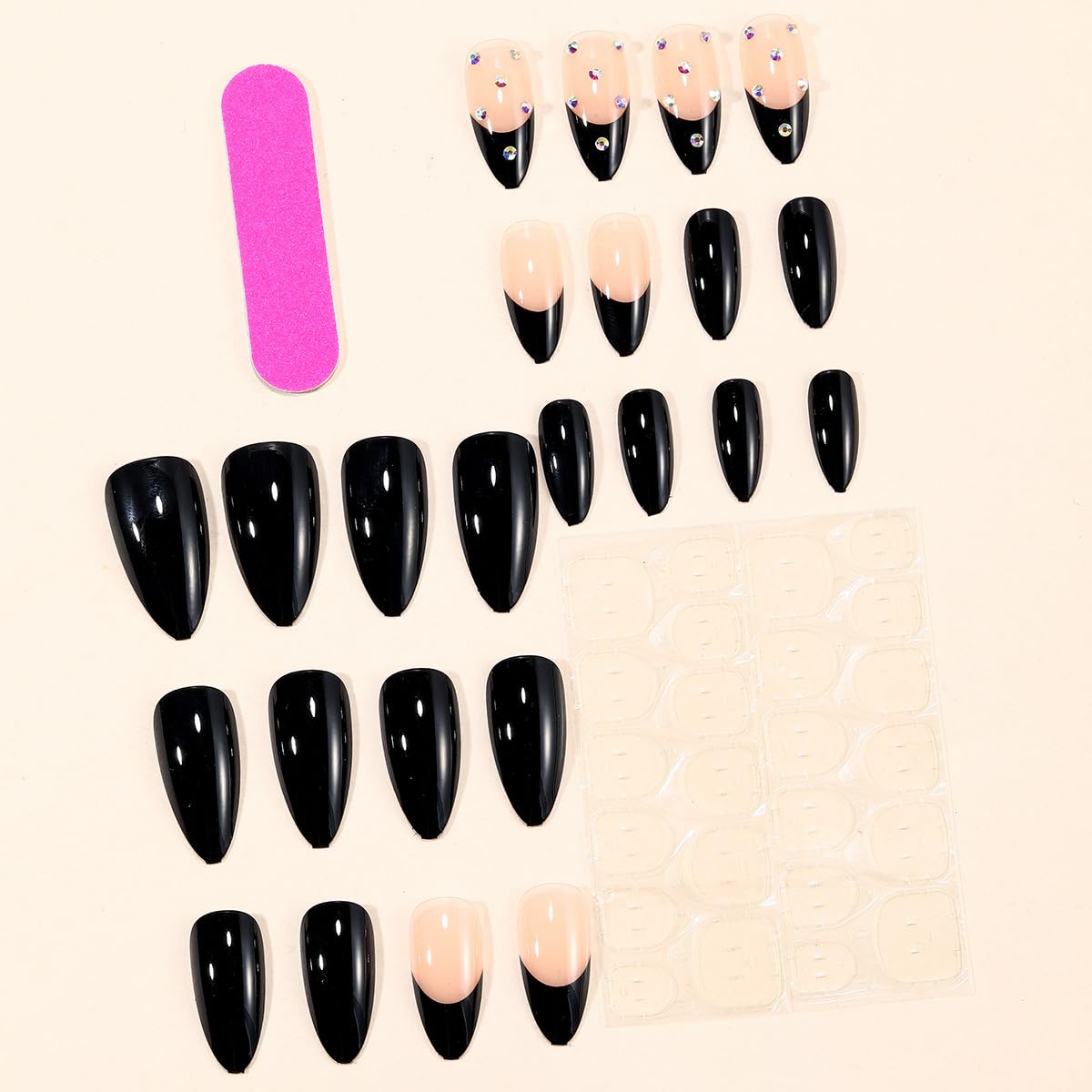 Medium Almond Black Press on Nails - French Tip with Rhinestone Design, Full Cover Glossy Fake Nails 24PCS for Women