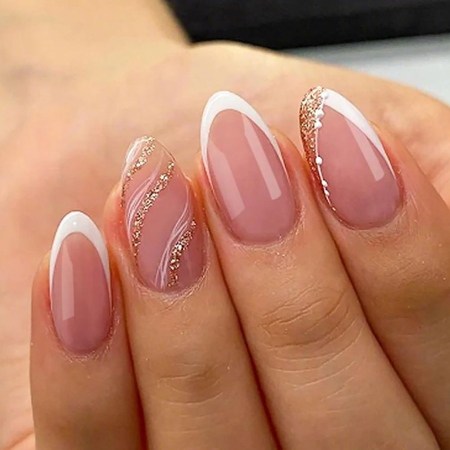 Short Almond Press on Nails With Designs Nude Pink White Fake Nails Press ons Acrylic False Glossy Artificial Full Cover Stick on Nails for Women Girls 24 Pcs