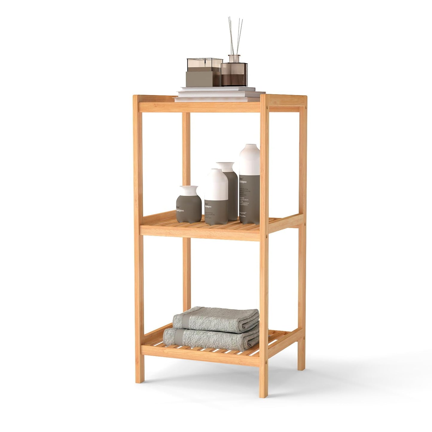 kinbor 3-Tier Bamboo Shelf Freestanding - Space-Saving Bathroom Standing Shelf & Plant Stand, 3 Shelf Bookcase for Kitchen, Living Room, Office (Natural Bamboo, Easy Assembly)