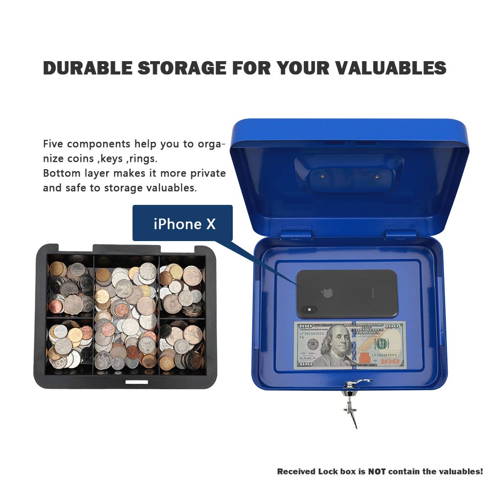 KYODOLED Large Lock Box with Money Tray,Storage Cash Box with Lock,Safe Metal Box for Money,9.84"x 7.87"x 3.54" Blue Large