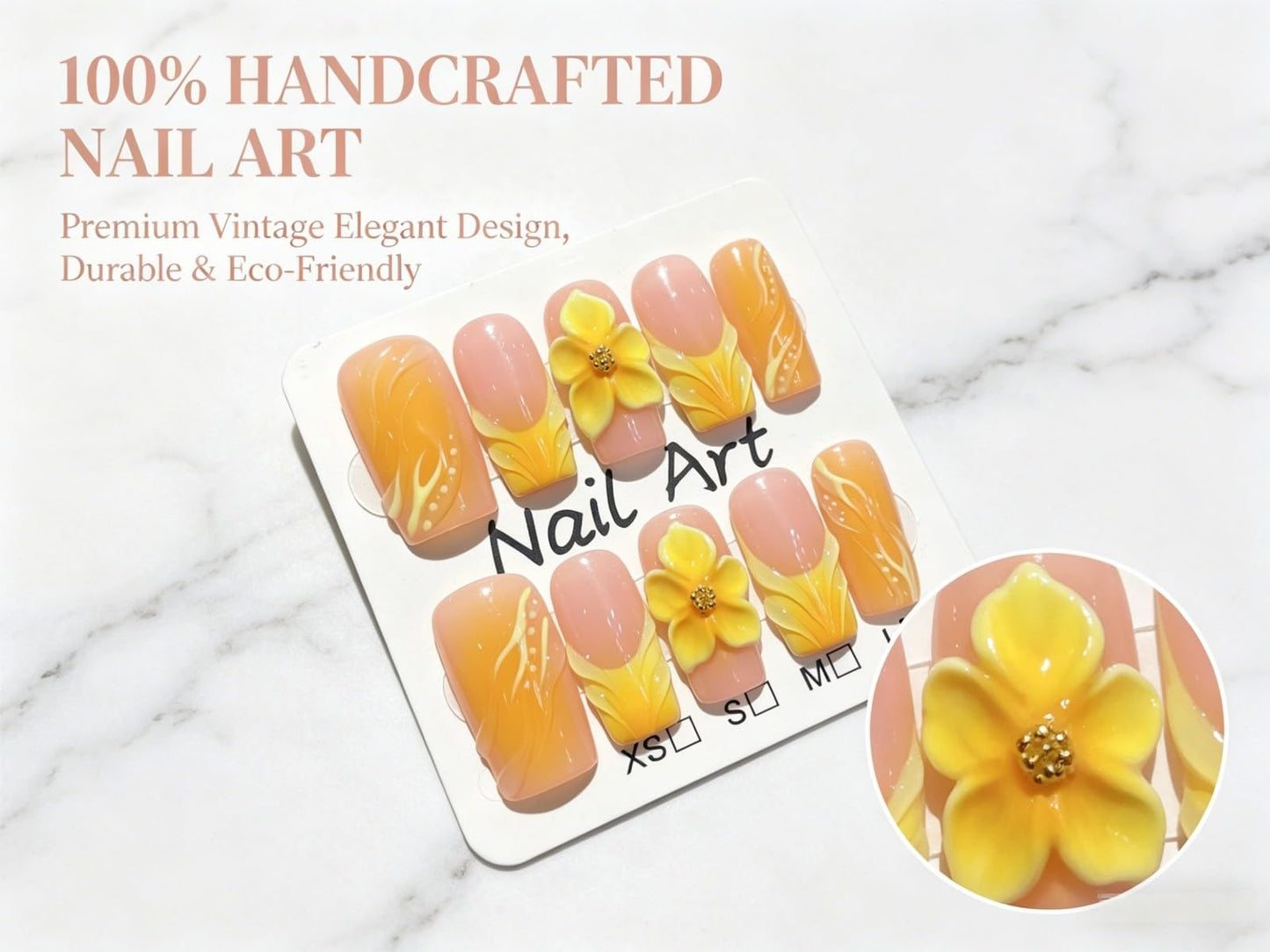 Vokupoga Square Press on Nails Handmade Medium French Tip Fake Nails with 3D Flower Designs Glossy False Nails for Women 10Pcs(Size M)