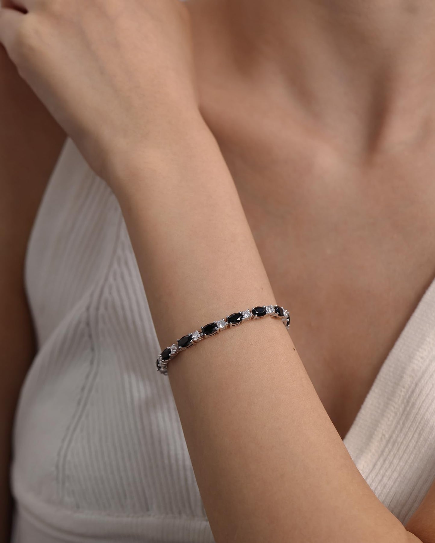 FANCIME Sterling Silver Created Black Onyx Tennis Bracelet Birthstone Bracelet Oval Black CZ Gemstone Dainty Fine Jewelry Gift for Women 7"