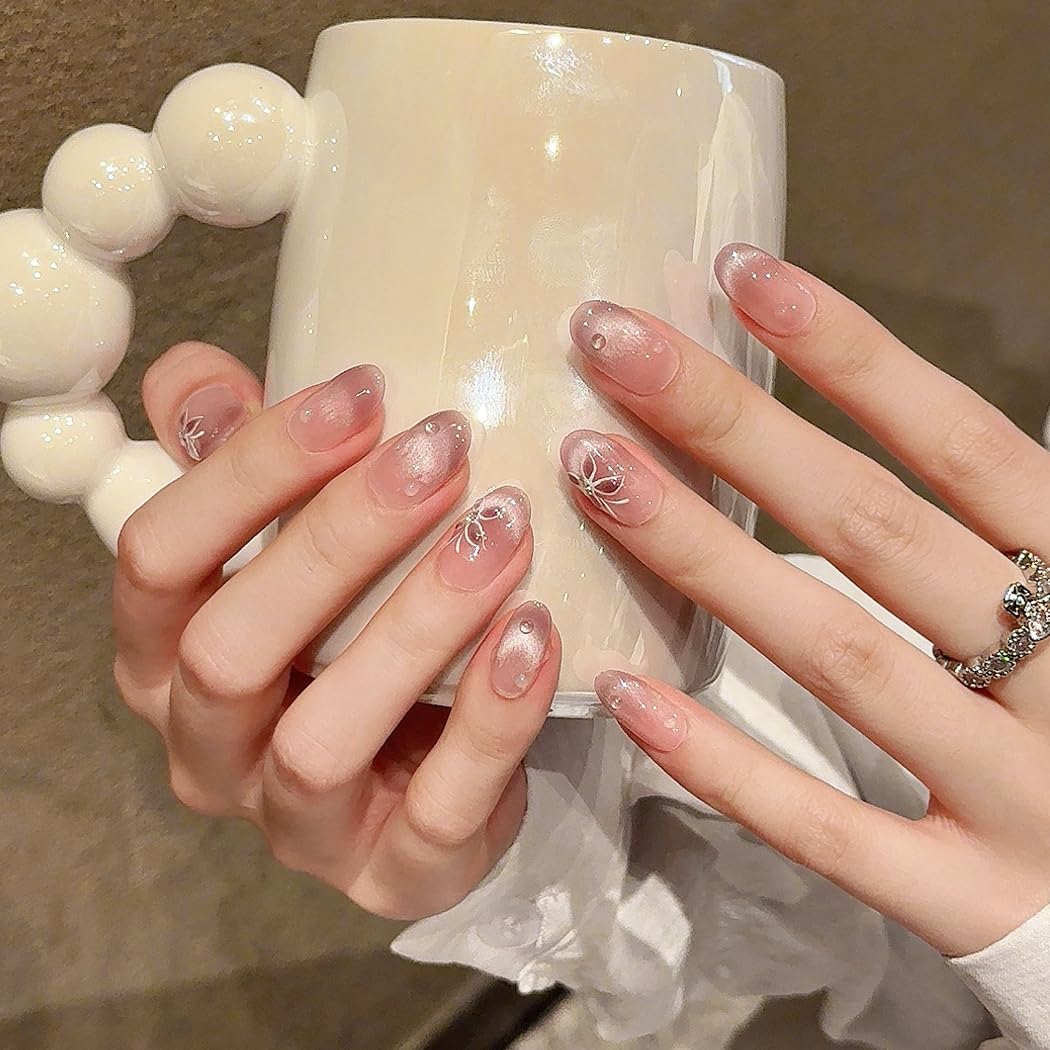 Handmade Press on Nails - Medium Pointed Almond Shape, Fake Nails Short Oval, Reusable Acrylic Stick on False Nails Kit for Women/K10-M