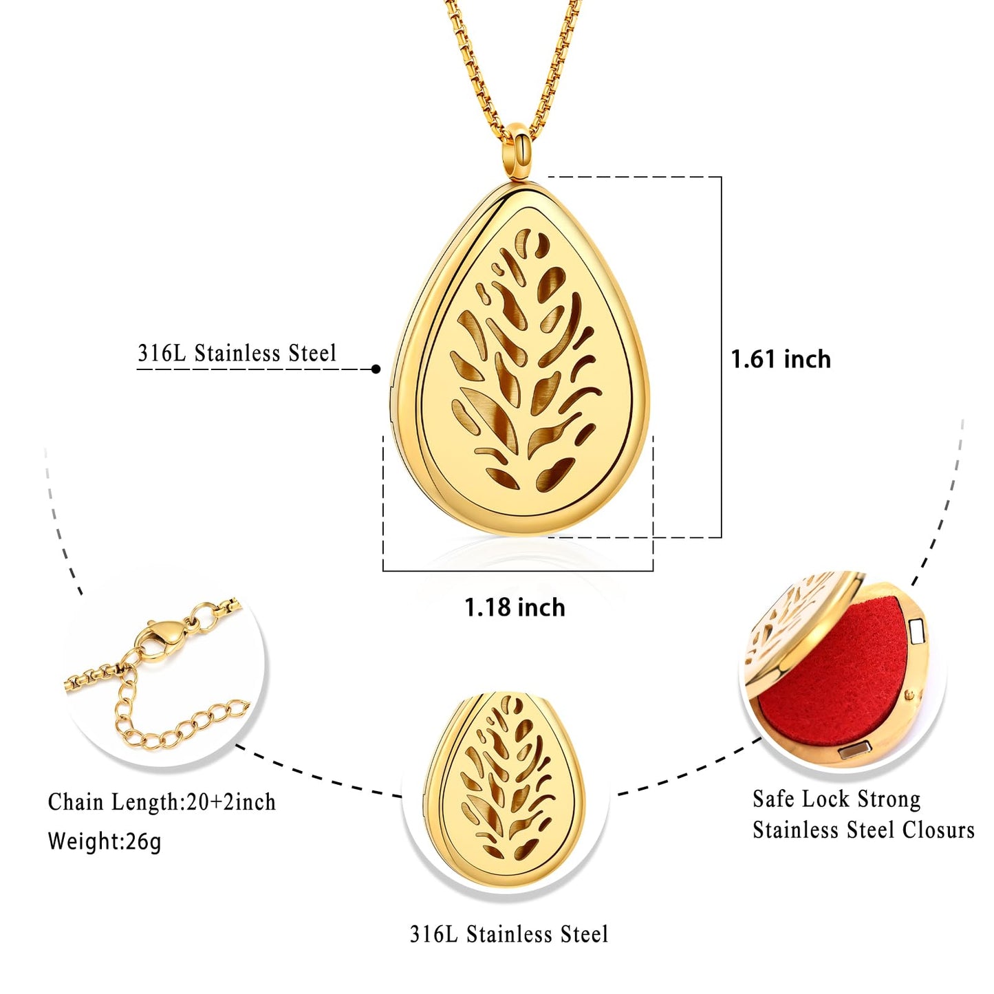 mingkejw Teardrop Essential Oil Diffuser Necklace Aromatherapy Pendant Locket Jewelry Stainless Steel Perfume Necklace| 22’’ Adjustable Chain| 12 Refill Pads| Gift Box