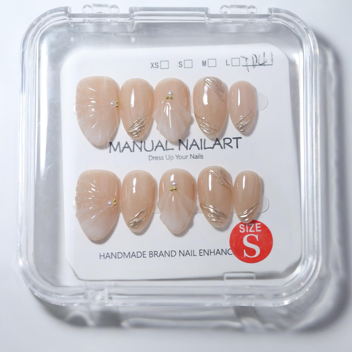 10 Short Almond Handmade Press On Nails | Nude 3D Seashell & Gold Brushstroke Design with Pearl Accents | Salon-Quality, Easy Apply/Remove, Reusable & Long-Lasting (251211, XS)