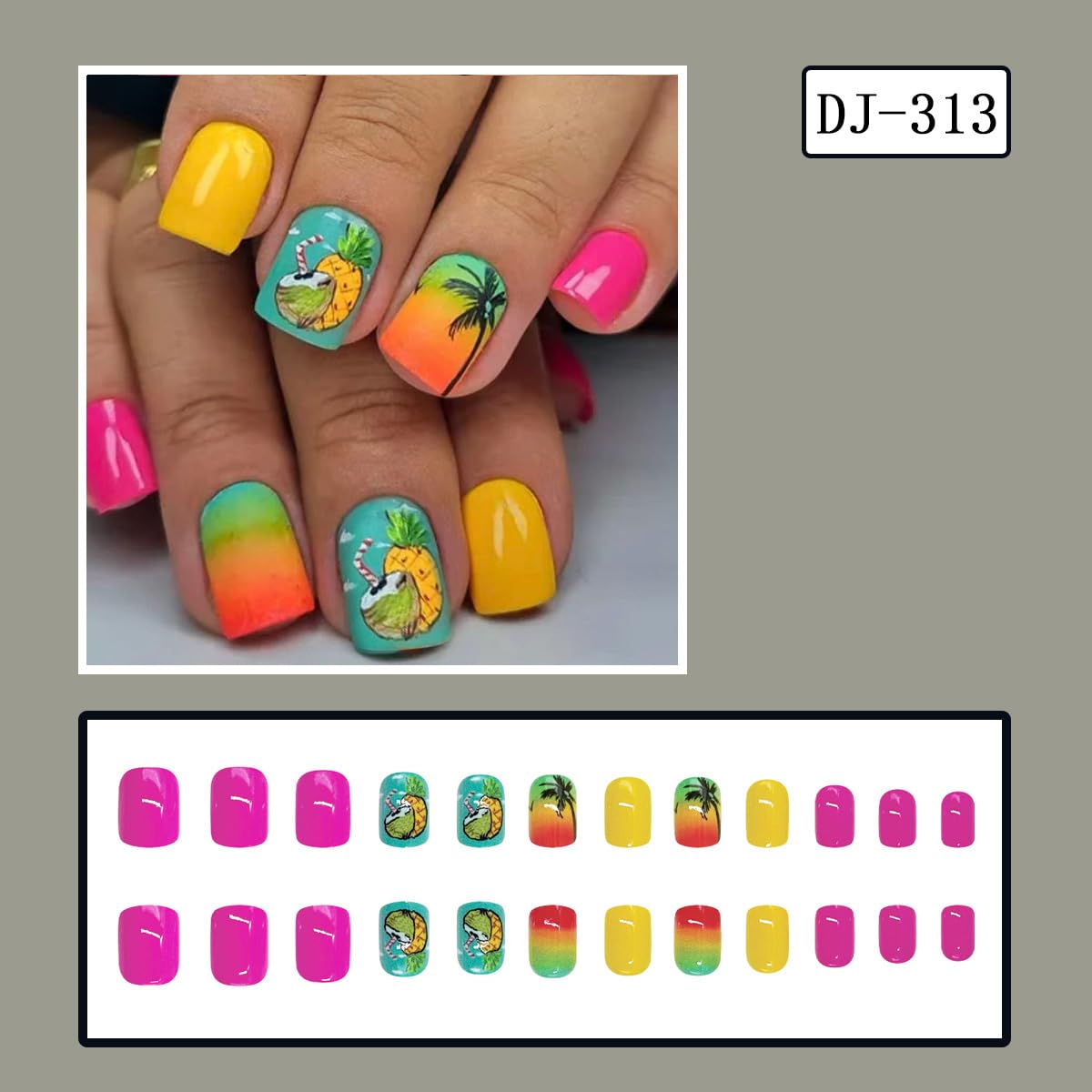Tropical Press on Nails Short Square Fake Nails Summer Nails Press ons with Palm Tree & pineapple Design Full Cover Stick on Nails for Women Beach Manicure,Artificial | Reusable | Easy Apply | 24Pcs