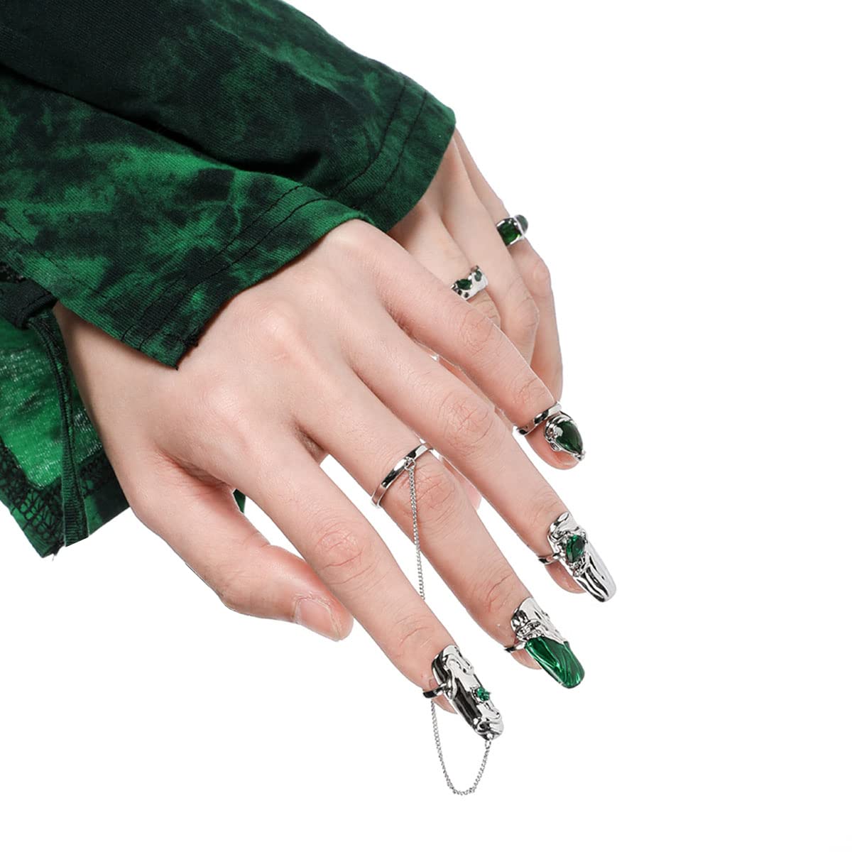 8Pcs Women Finger Tip Nail Rings, Adjustable Opening Nail Art Charms Accessories, Finger Tip Claw Nail, Tip Fingernail Set (Green)