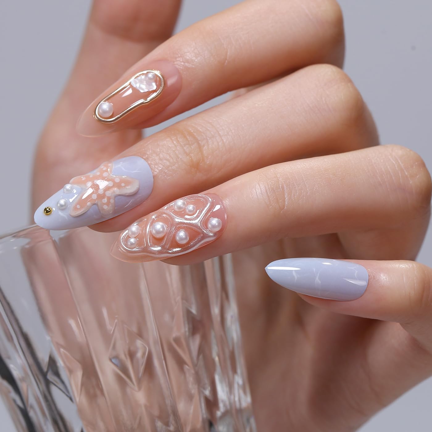 Goolich Medium Almond Ocean Theme Press On Nails,3D Bead Mermaid Nails Press ons Set with Adhesive Tabs, 24 Pcs 12 Size Reusable Full Cover Glue on Nails for Women