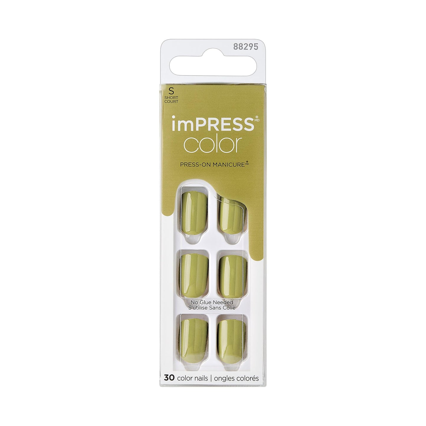 KISS Impress Color No Glue Mani 30 Pcs Press on Nails, Olive Green, Short Size, Squoval Shape, Simple Peel & Press Easy Apply, Hassle-Free Removal, Essential Tools Included