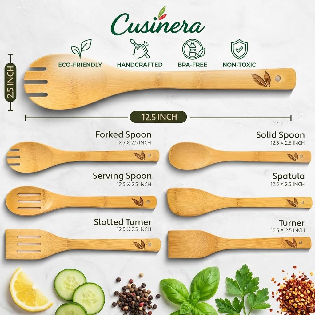 Cusinera Dishwasher Safe Bamboo Wooden Spoons for Cooking 6-Piece – Kitchen Gadgets Wooden Cooking Utensils Set – Premium Kitchen Utensils Set – Easy to Clean, Perfect for Non-Stick Cookware