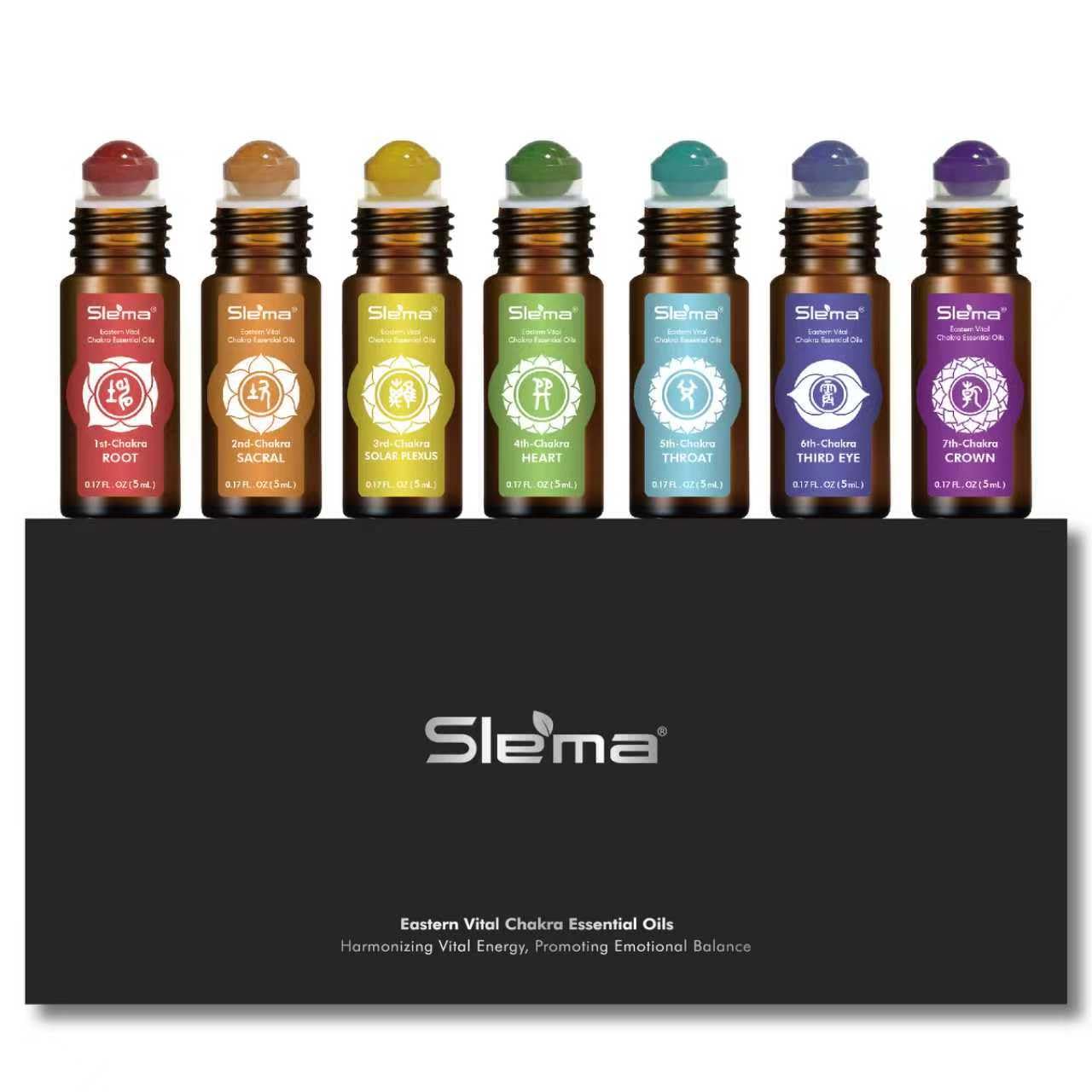 Slema 7 Chakra Essential Oil Roller Gift Set - 7x5ml with Natural Crystal & Jade Rollerballs, Plant-Based Blends for Meditation, Yoga (5mlx7)