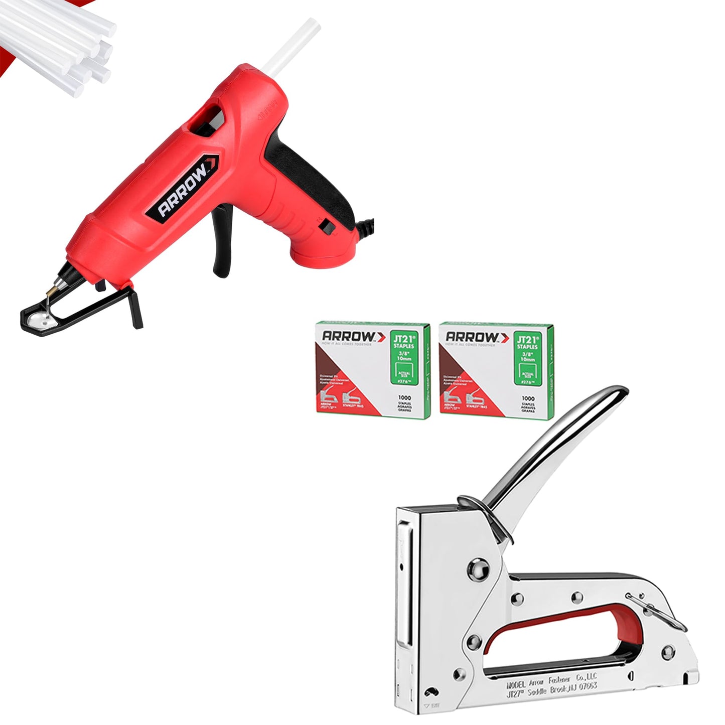 Arrow Mini Hot Glue Gun, Dual Temp Glue Gun Kit with 24Pcs Mini Glue Gun Sticks & Arrow JT27 Light Duty Staple Gun Kit, Thin Wire Stapler with 2000 Pieces JT21 3/8" Staples
