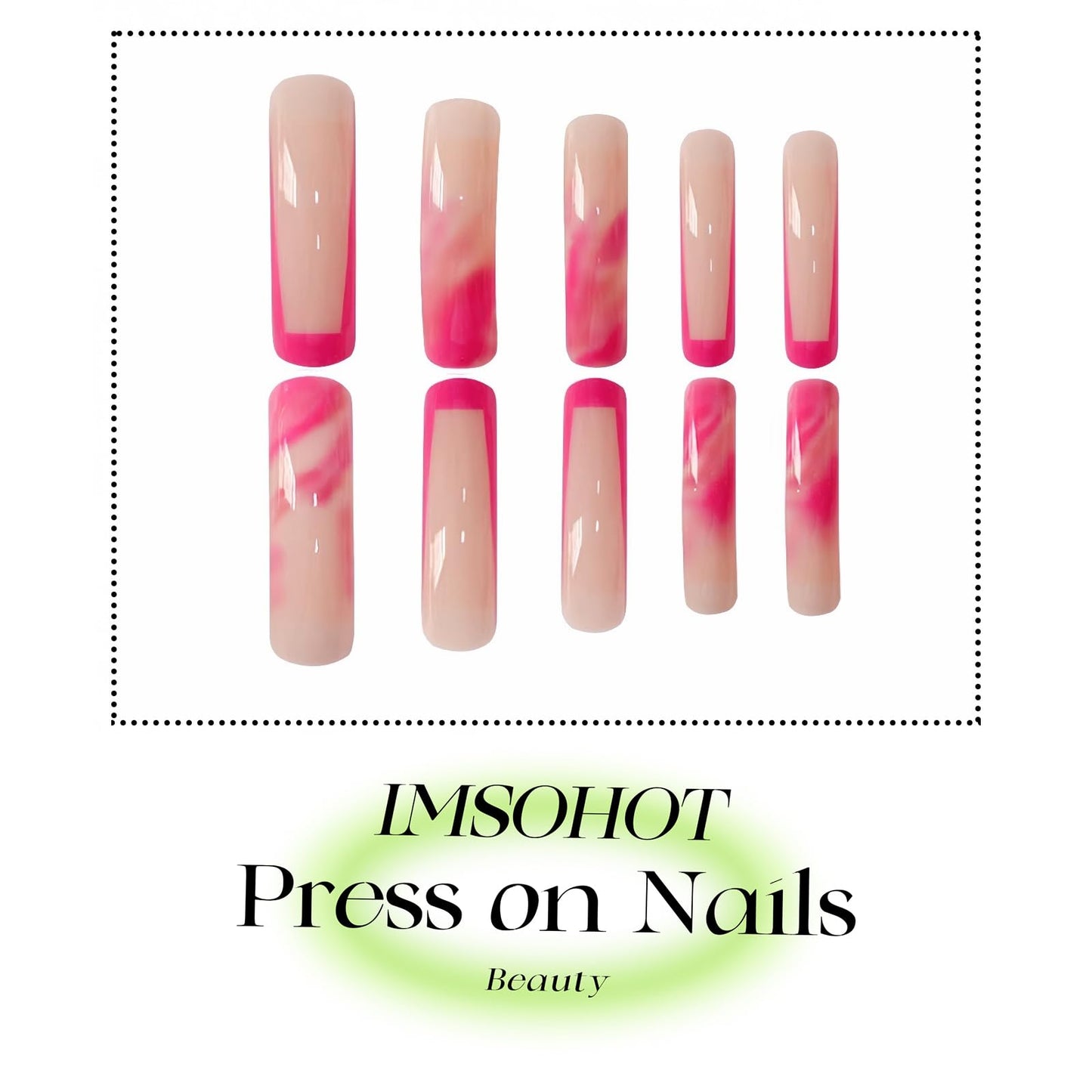 IMSOHOT Curved Press on Nails Pink French Tips Fake Nails Extra Long Glue on Nails Full Cover Glossy Acrylic False Nails for Women 20Pcs