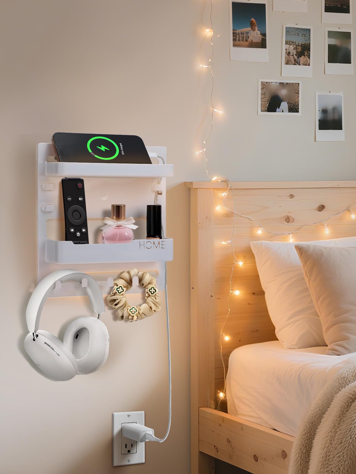 Bedside Wall Organizer Shelf for Bedroom Accessories - Adhesive Bedside Caddy Storage with Cable Clips, Teen Room Decor Essentials