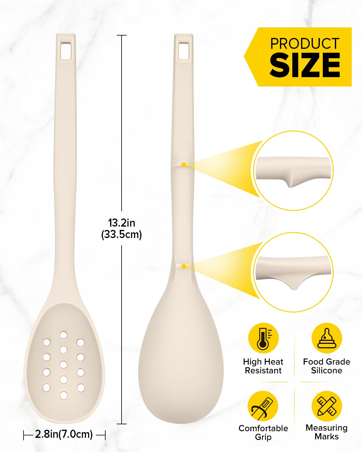 Pack of 2 Silicone Cooking Spoons, Non Stick Solid Kitchen Spoon with Measuring Marks & Back Hooks, Heat Resistant Silicone Slotted Spoon for Cooking, Mixing, Stirring,Serving(KHAKI)
