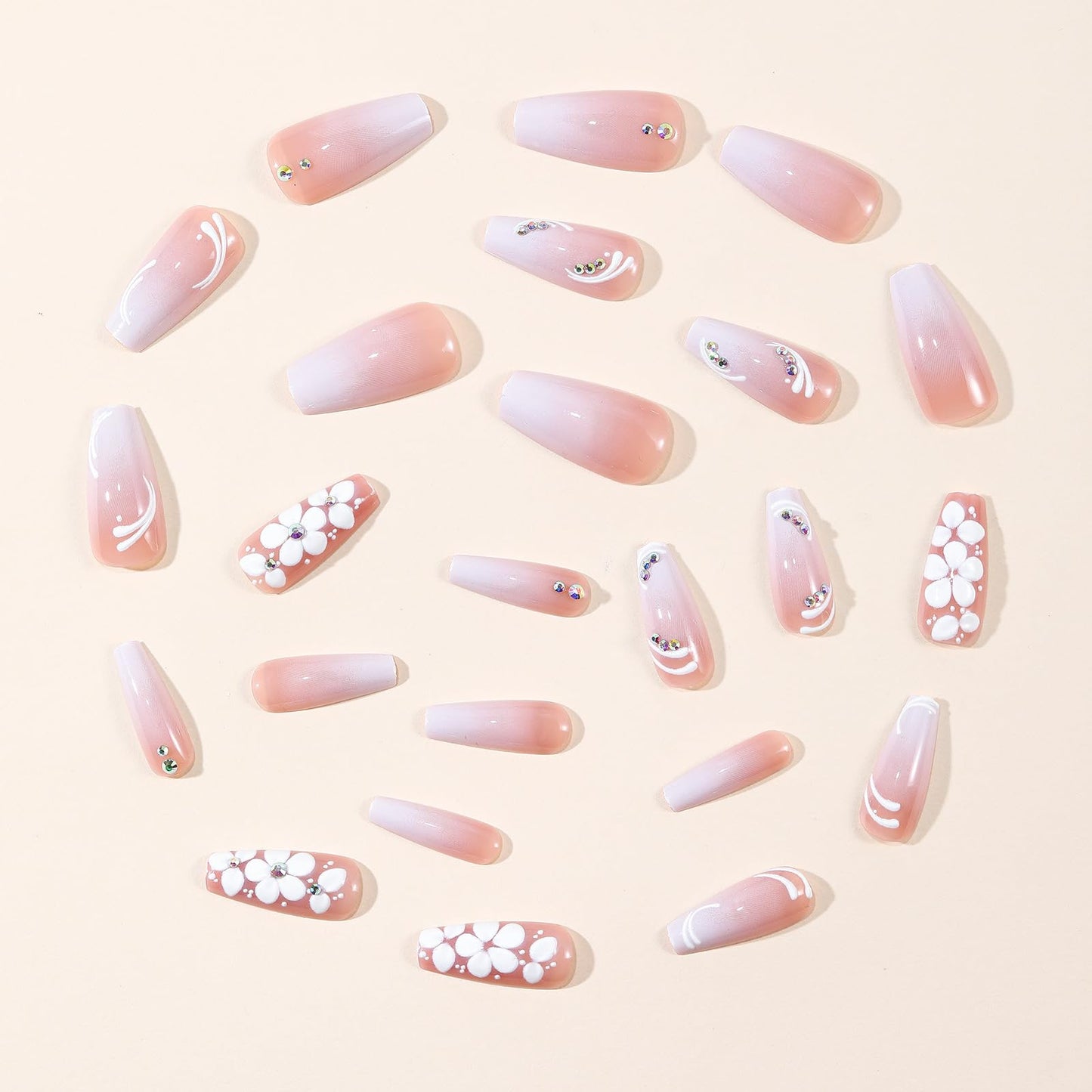 Coffin Press on Nails White Gradient Tip Fake Nails with Rhinestone Designs 3D Flower Medium Length Nails Press ons Spring Glue on Nails French Tip Full Cover Stick on Nails for Women 24Pcs